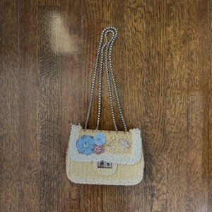 Bognar Blu Gold Tweed Flap Bag with Blue Floral Details